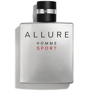 Chanel Allure Homme Sport cologne bottle with a metallic silver rectangular body, black cap, and red text on a white background.