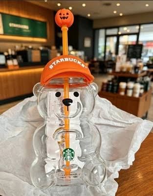 Starbucks Bearista Halloween Glass Bear Cup with Pumpkin Topper & Baseball Cap – 20oz