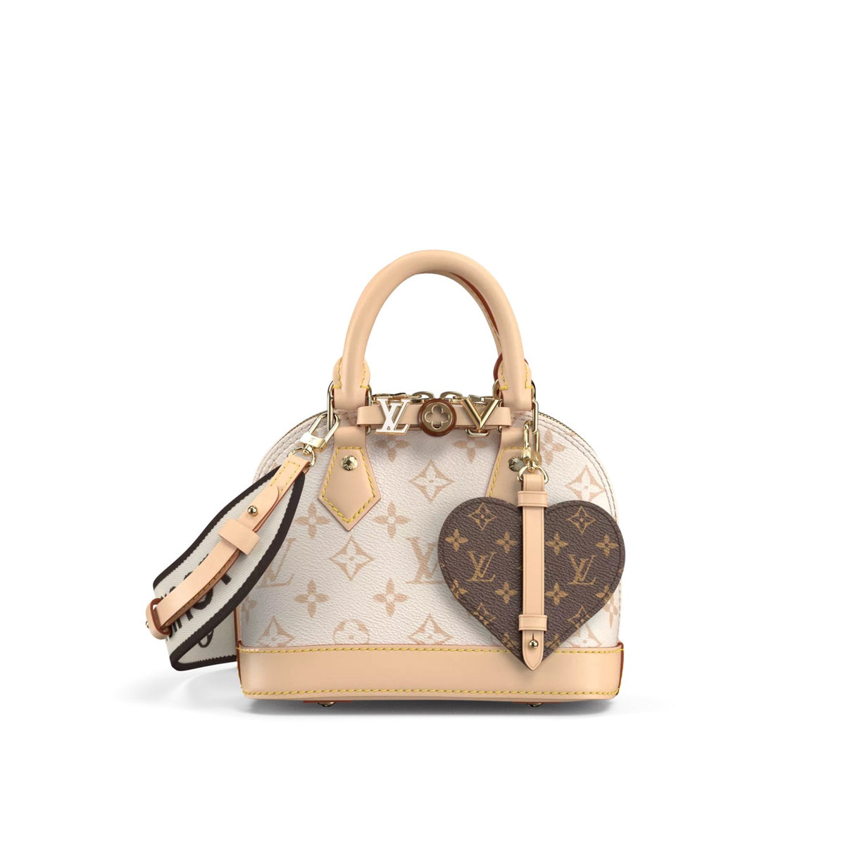 Louis Vuitton Monogram Alma BB handbag in beige and brown canvas with tan leather trim, featuring a signature LV monogram pattern, a heart-shaped monogram charm, and gold-tone hardware, shown on a plain white background.