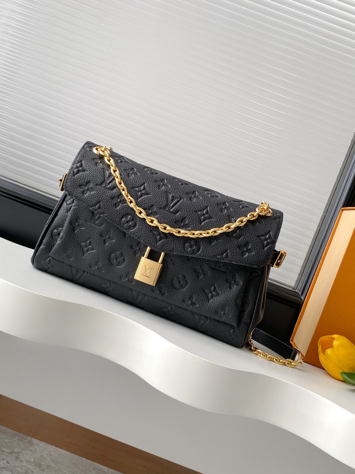 Women’s Embossed Shoulder Handbag with Gold Chain & Lock