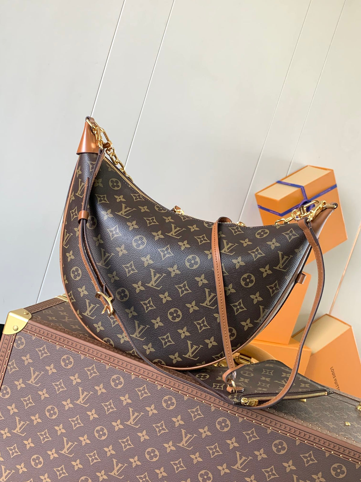Women's Crescent Shoulder Bag with Gold Chain & Adjustable Strap