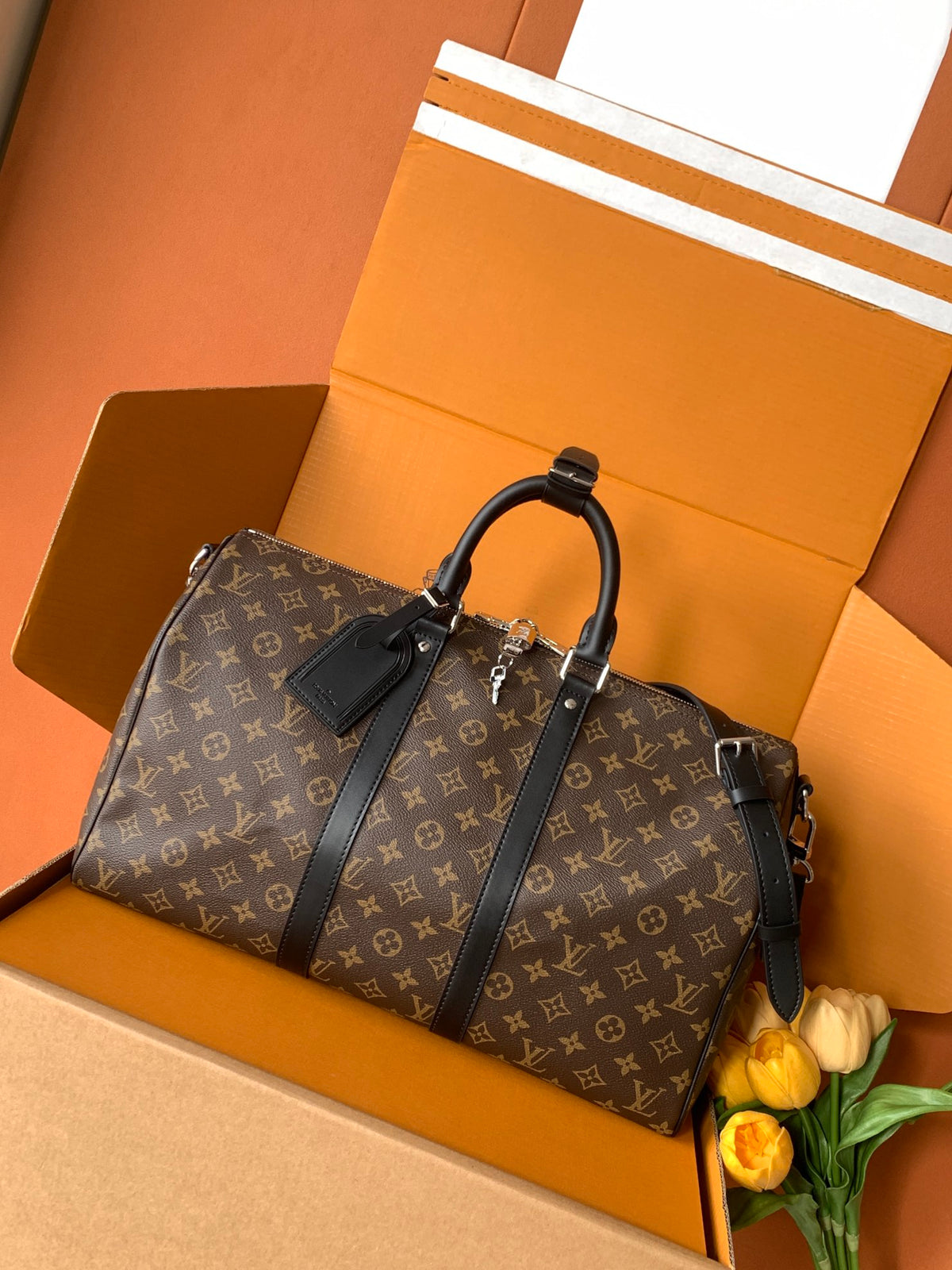 Monogram Canvas Structured Handbag with Black Leather-Style Trim