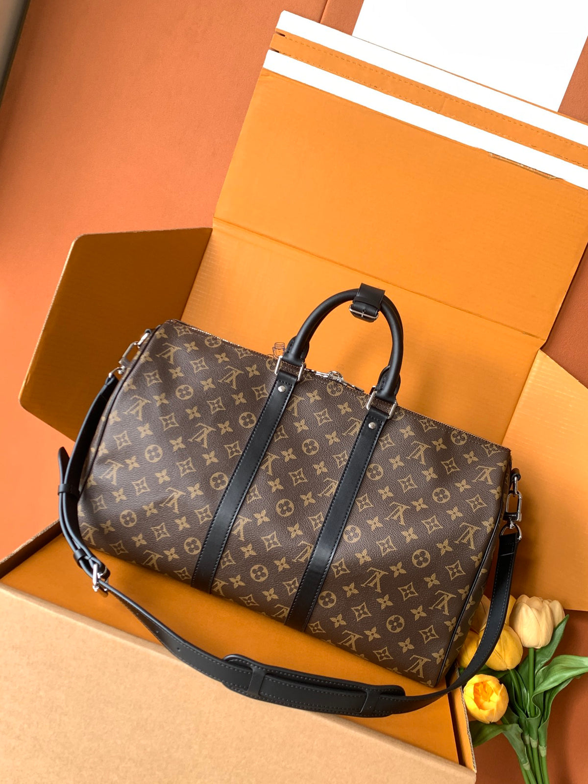 Monogram Canvas Structured Handbag with Black Leather-Style Trim