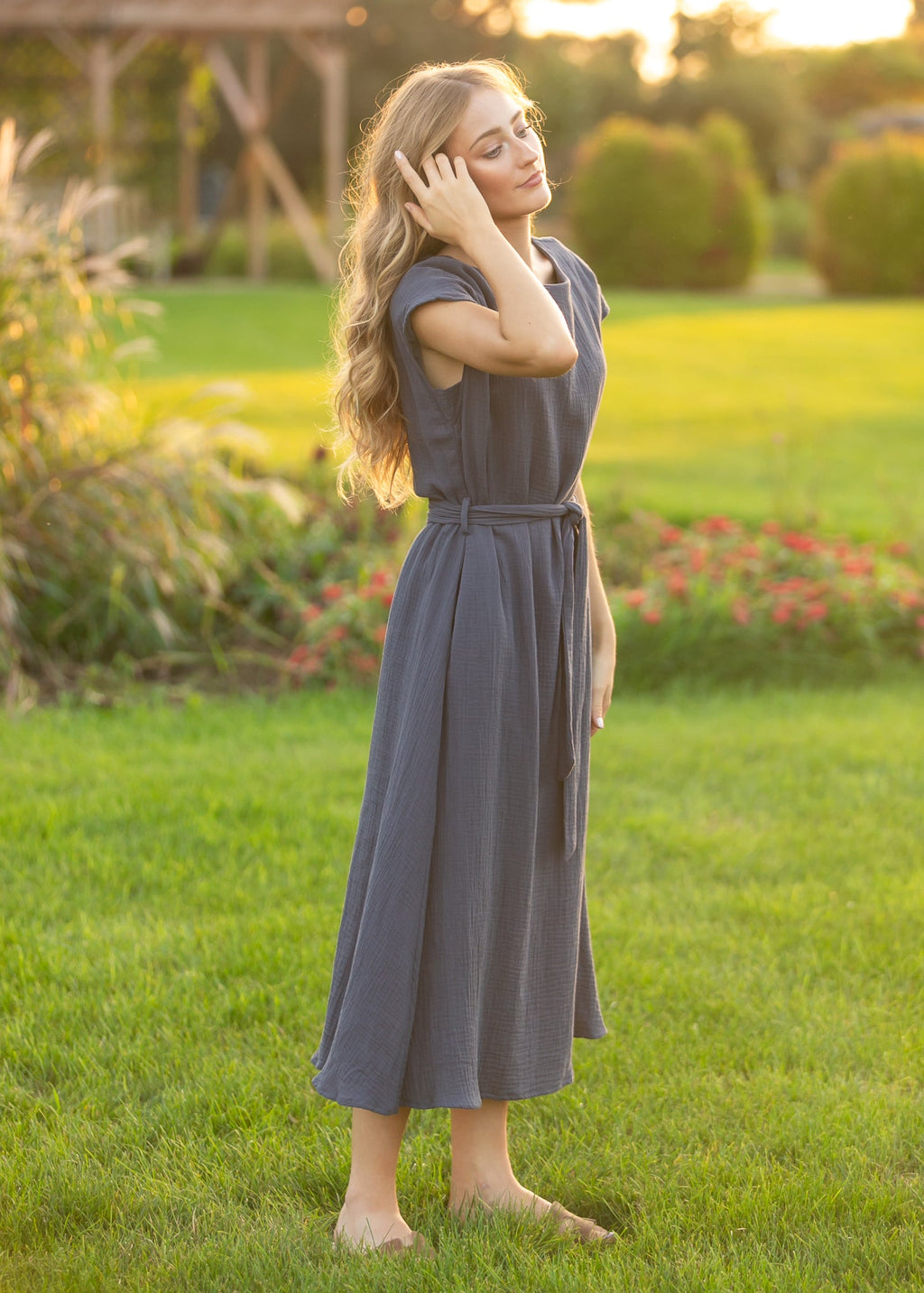Lily Navy Gauze Belted Midi Dress - product image 8