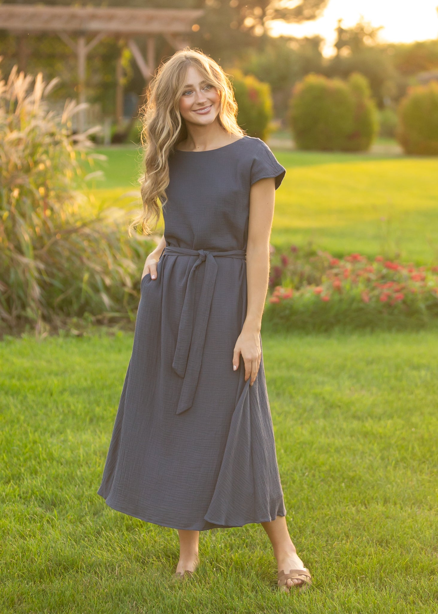 Lily Navy Gauze Belted Midi Dress Main image