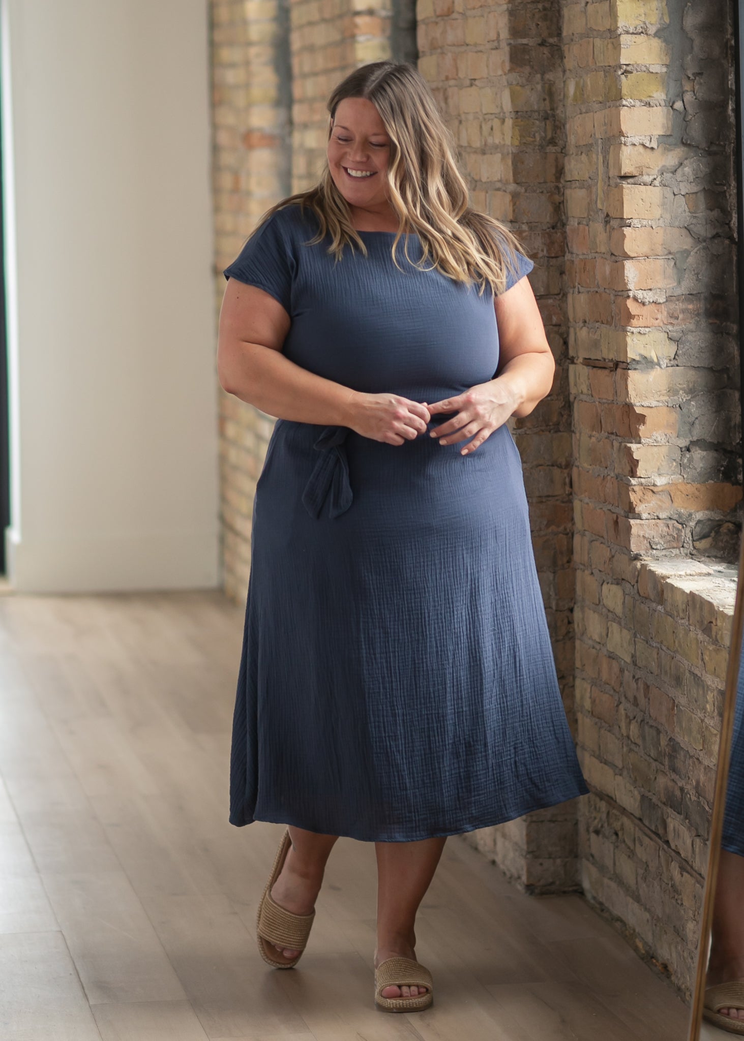 Lily Navy Gauze Belted Midi Dress Secondary image