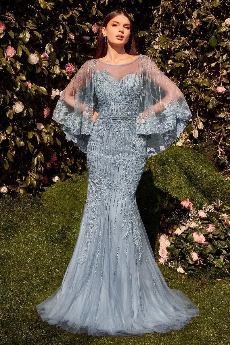 Maxi Tulle Mermaid Special Occasion Gown w/ Caplet & Sequins Embroidery CDMA105