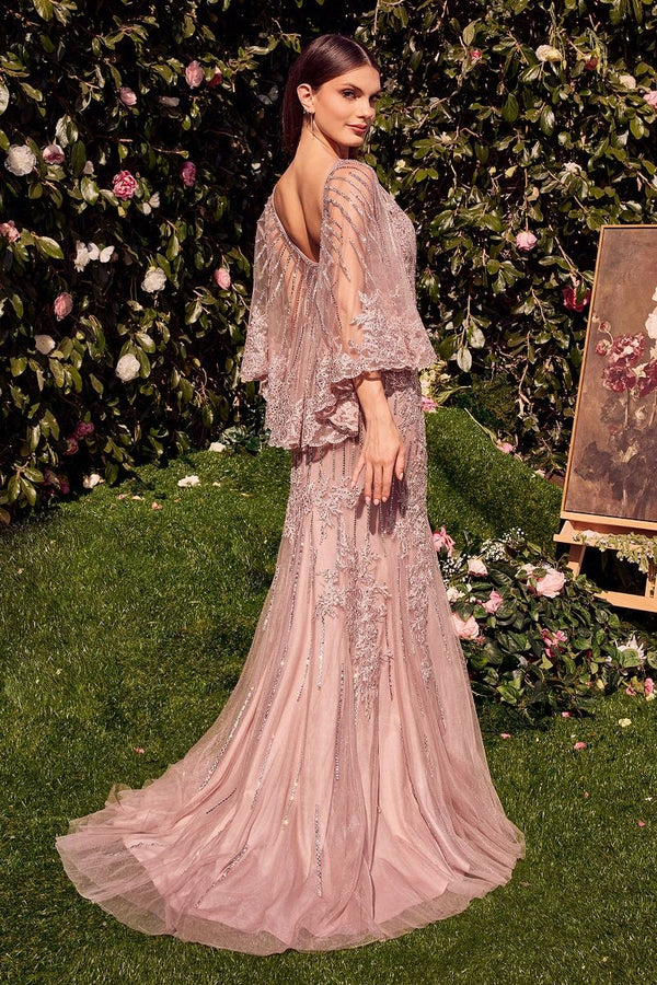 Maxi Tulle Mermaid Special Occasion Gown w/ Caplet & Sequins Embroidery CDMA105
