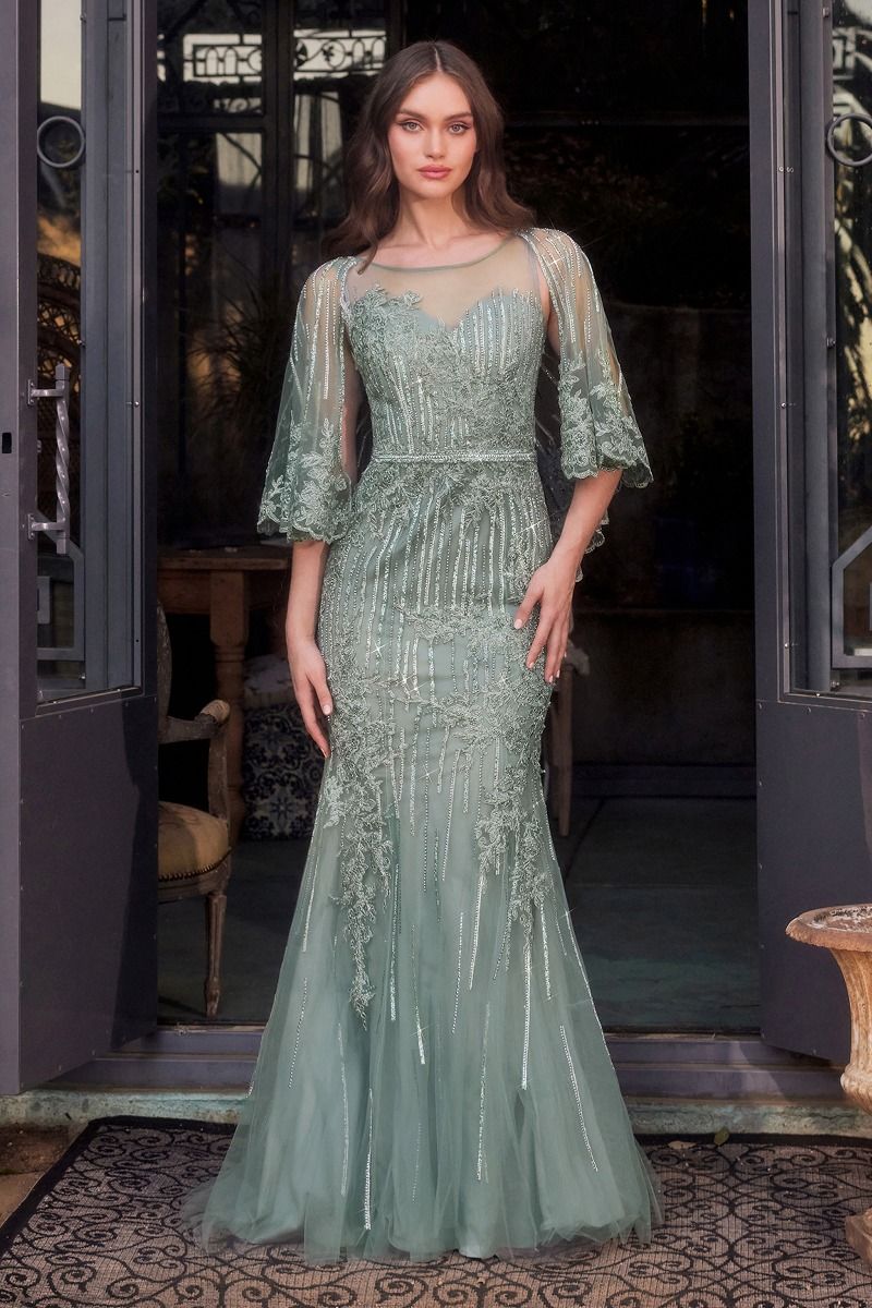 Maxi Tulle Mermaid Special Occasion Gown w/ Caplet & Sequins Embroidery CDMA105