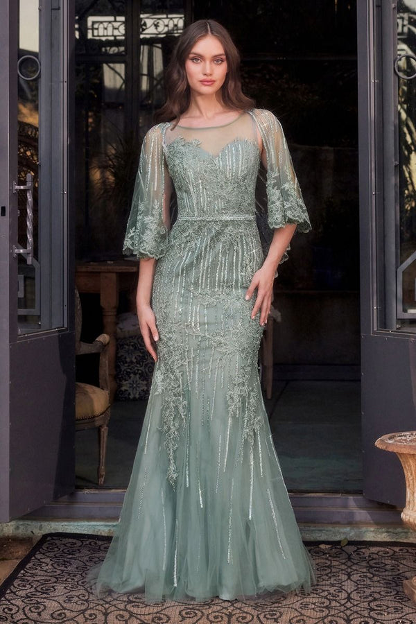 Maxi Tulle Mermaid Special Occasion Gown w/ Caplet & Sequins Embroidery CDMA105