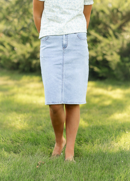 Maelia Distressed Denim Midi Skirt
