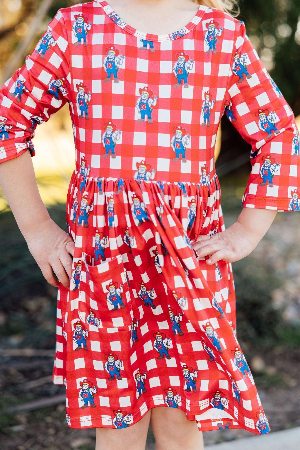 Nebraska Plaid Herbie Husker 3/4 Sleeve Pocket Twirl Dress Main image