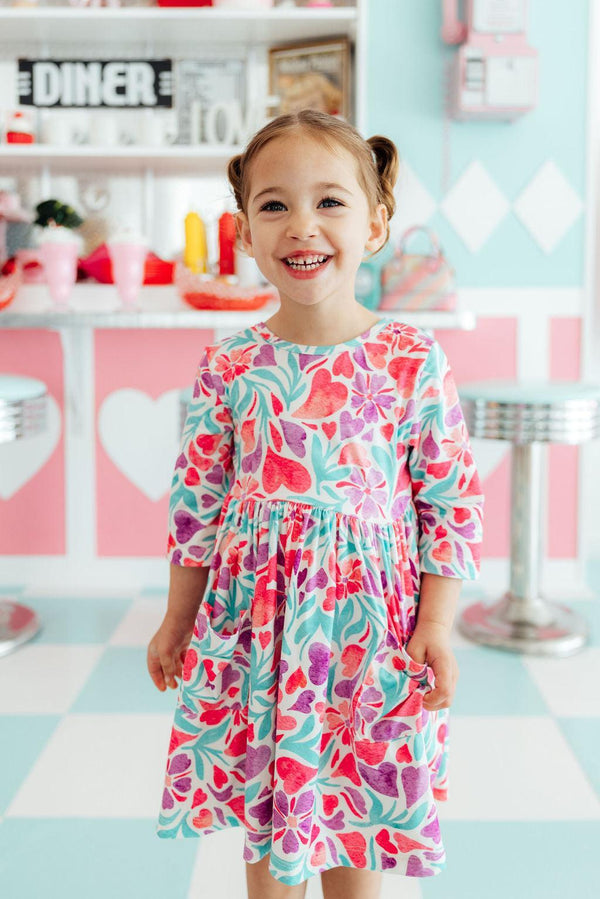 SALE Watercolor Hearts 3/4 Sleeve Pocket Twirl Dress