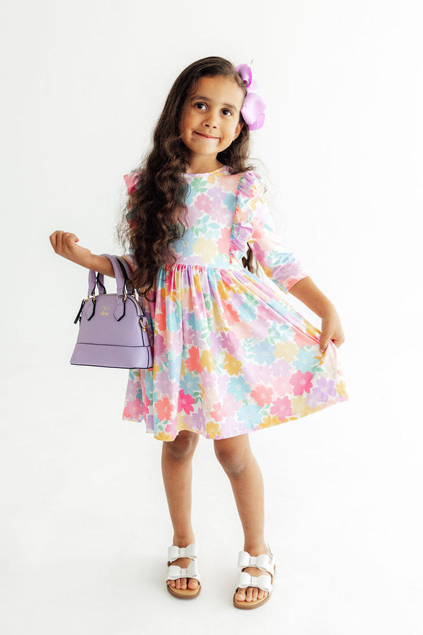 Colorful Carnations 3/4 Sleeve Ruffle Twirl Dress