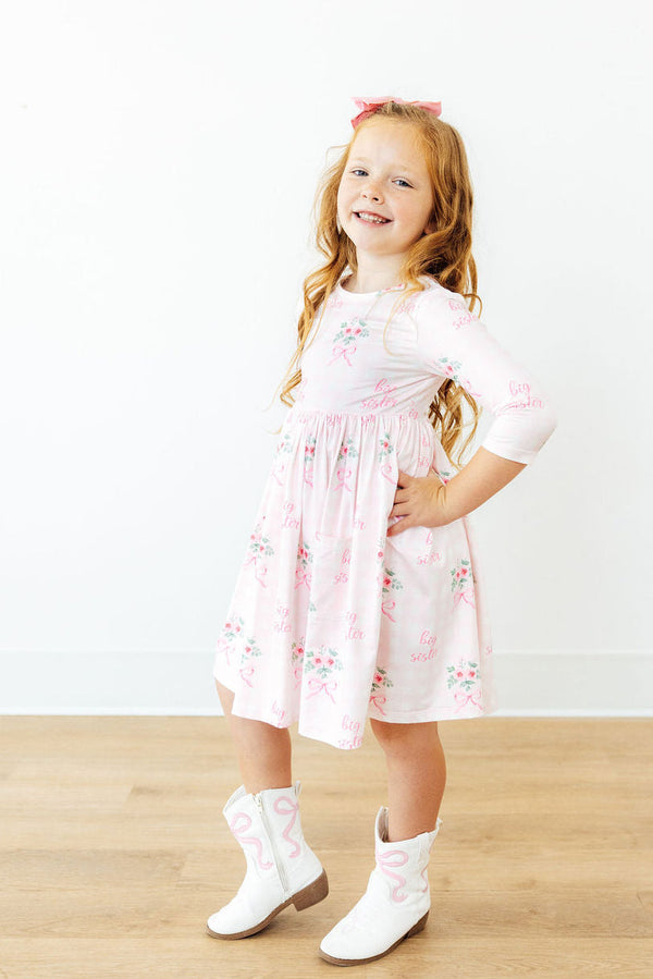 Big Sister Floral 3/4 Sleeve Pocket Twirl Dress