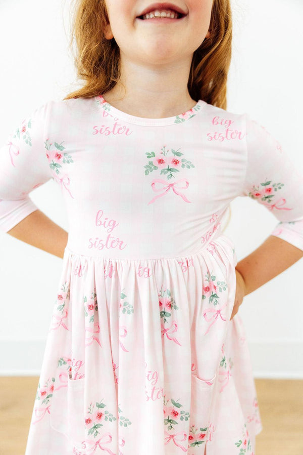 Big Sister Floral 3/4 Sleeve Pocket Twirl Dress