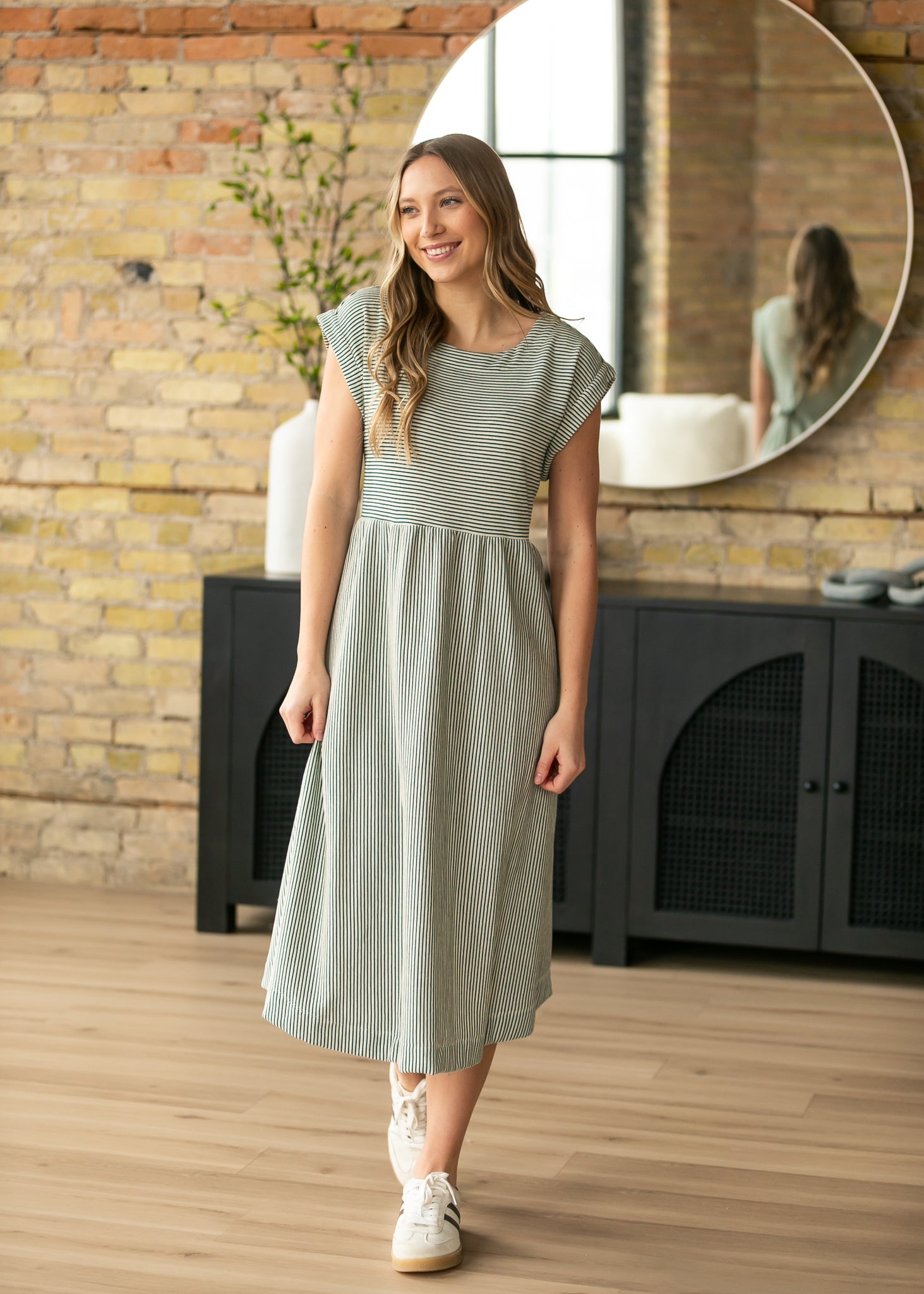Olivia Green A-line Striped Midi Dress Main image