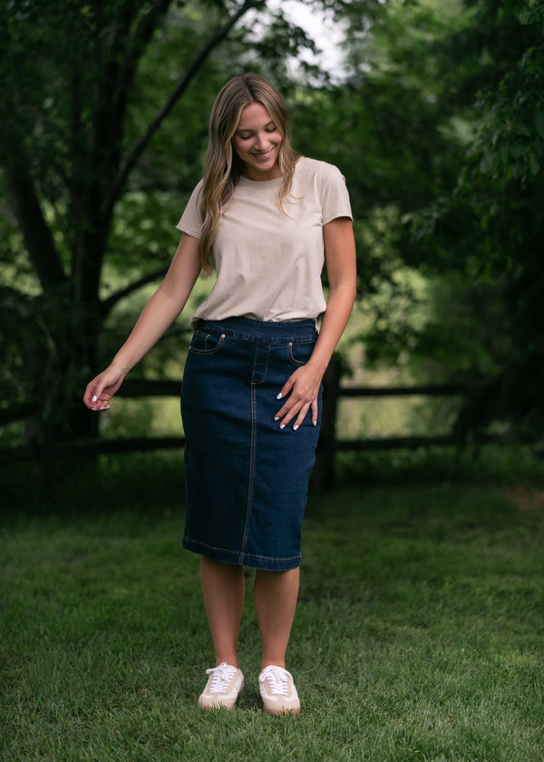Sandra Dark Wash Denim Midi Skirt