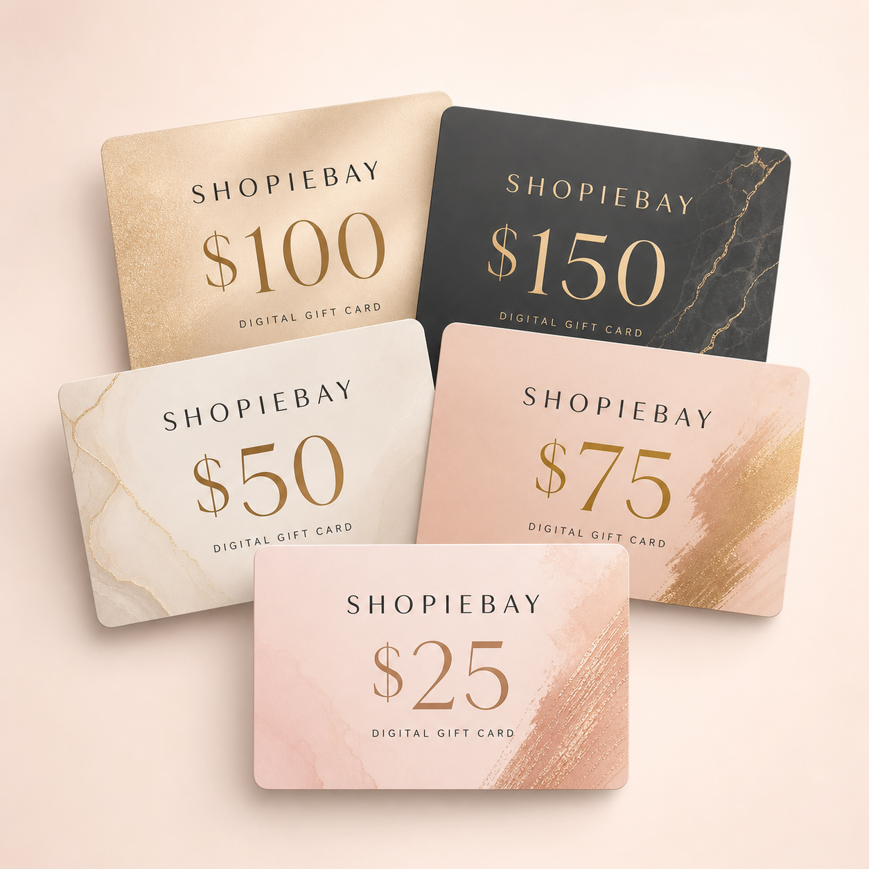 Shopiebay Digital Gift Cards in $25, $50, $75, $100 and $150 values