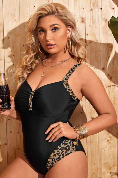 Plus Size Leopard Ruched One-Piece Swimsuit