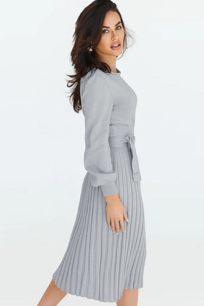 Round Neck Long Sleeve Pleated Sweater Dress - Shopiebay