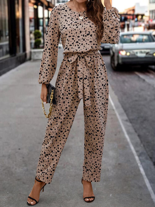 Leopard Tie Front Balloon Sleeve Jumpsuit