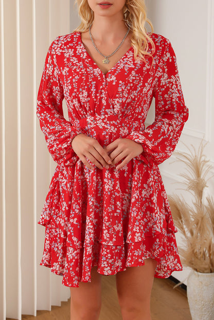 Printed Surplice Balloon Sleeve Layered Dress