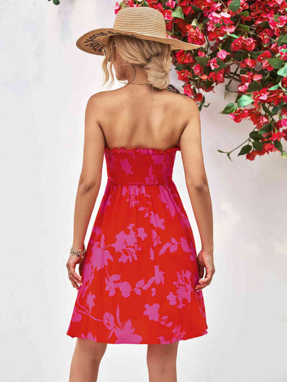 Floral Frill Trim Strapless Smocked Dress