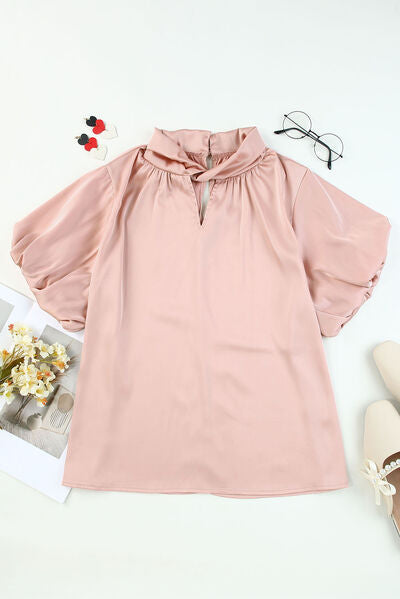 Cutout Mock Neck Balloon Sleeve Blouse