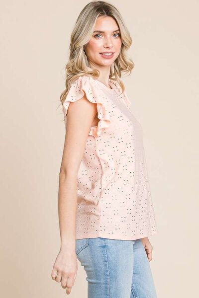 Culture Code Eyelet Round Neck Ruffled Cap Sleeve Top