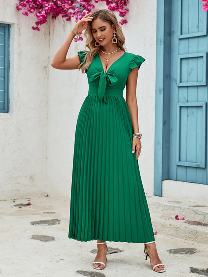 Tied Ruffled V-Neck Pleated Dress