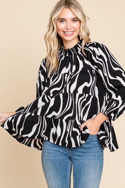 Culture Code Printed Smock Neck Tiered Blouse