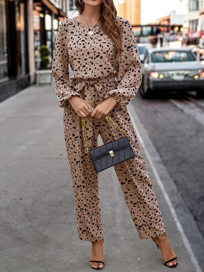 Leopard Tie Front Balloon Sleeve Jumpsuit