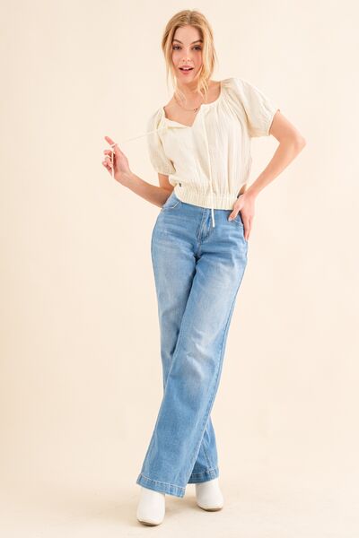 And The Why Cotton Gauze Back Waist Tie Cropped Blouse