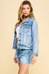 Veveret Button Up Pearl Detail Long Sleeve Denim Jacket