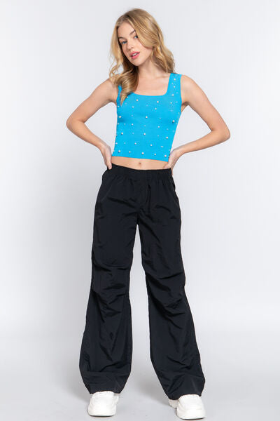 ACTIVE BASIC Pearl Detail Square Neck Cropped Tank