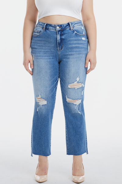 BAYEAS Full Size Mid Waist Distressed Ripped Straight Jeans