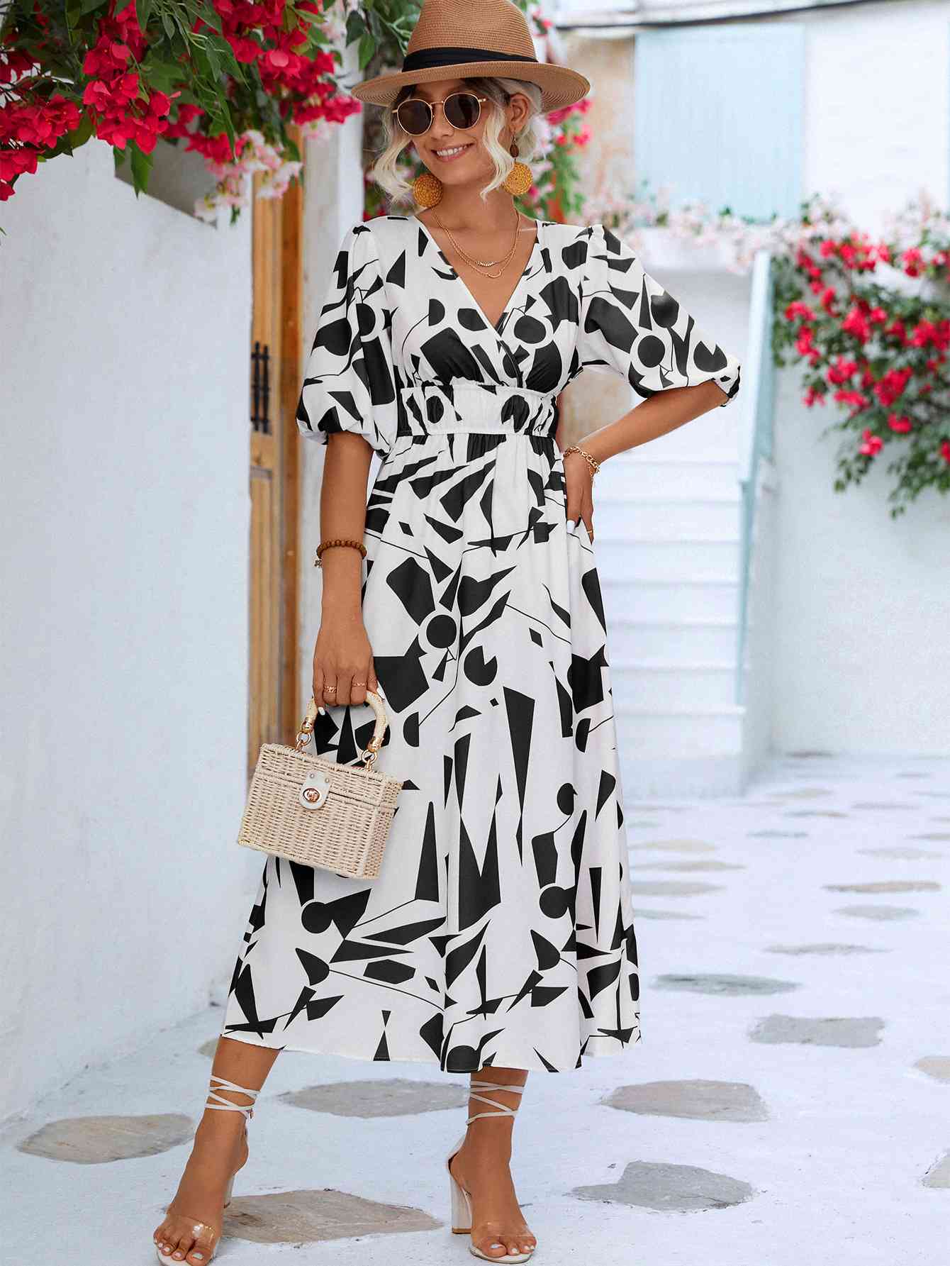 Printed Surplice Balloon Sleeve Dress