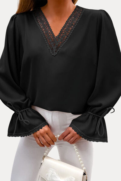 Openwork V-Neck Flounce Sleeve Blouse