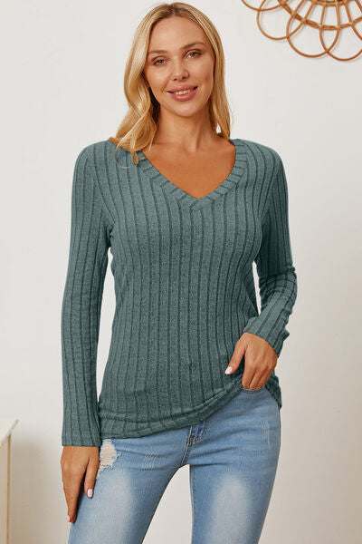 Basic Bae Full Size Ribbed V-Neck Long Sleeve T-Shirt