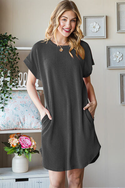 Heimish Full Size Ribbed Round Neck Short Sleeve Tee Dress