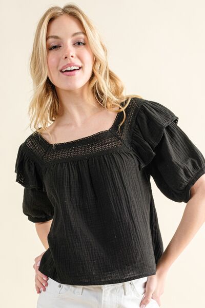 And The Why Square Neck Cotton Gauze Ruffled Blouse