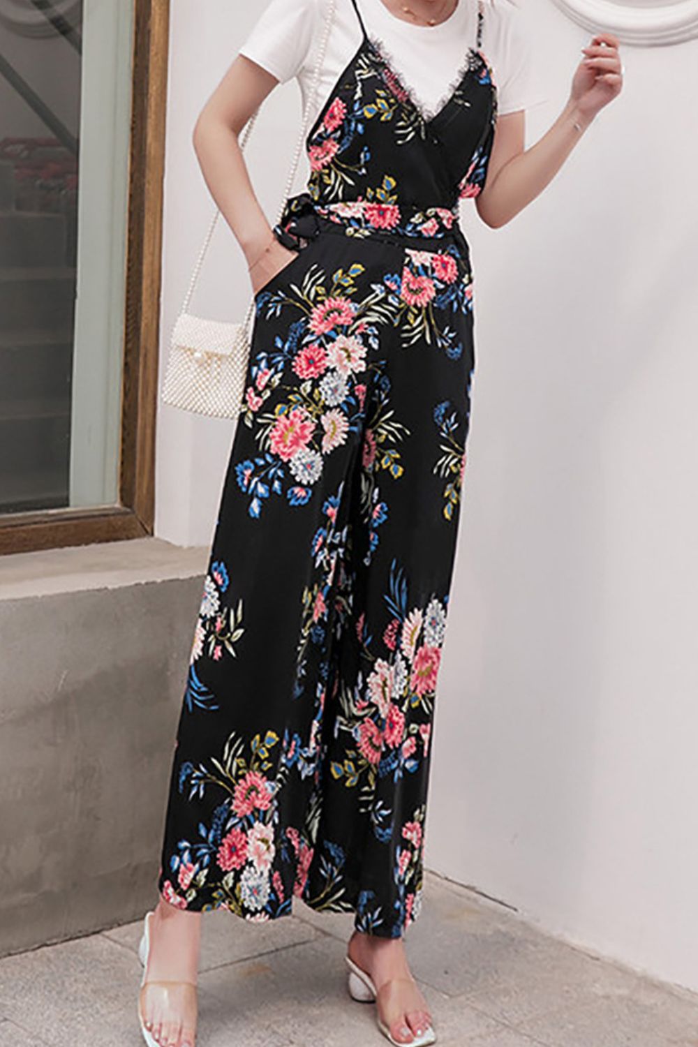 Floral Spaghetti Strap Wide Leg Jumpsuit with Pockets