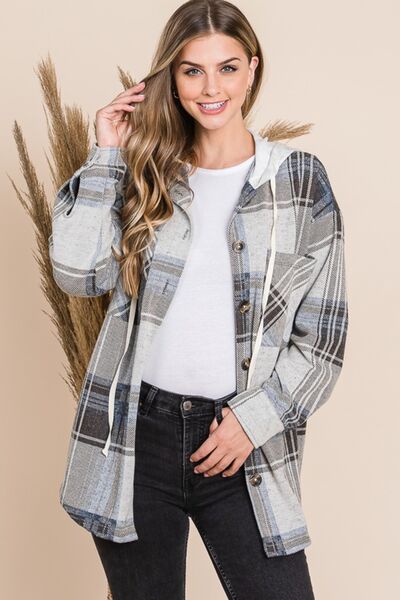 Reborn J Plaid Button Up Drawstring Hooded Jacket