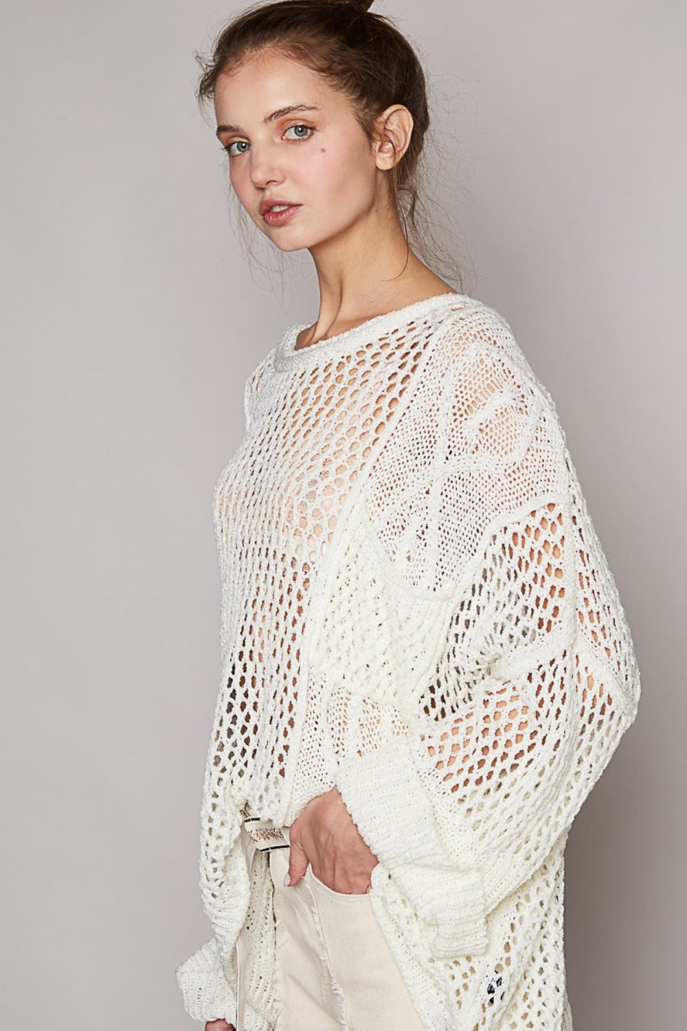 POL Openwork Long Sleeve Knit Cover Up