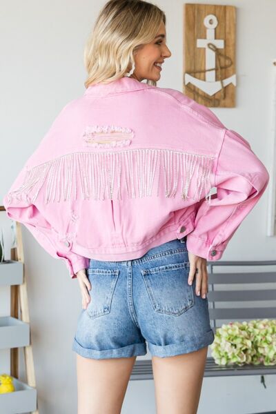 Veveret Frayed Back Fringe Distressed Denim Jacket