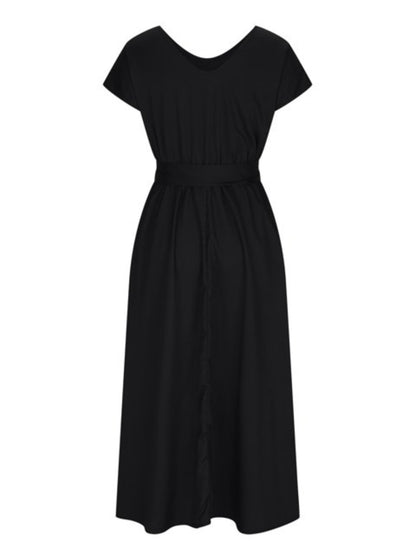 Ruched V-Neck Cap Sleeve Dress