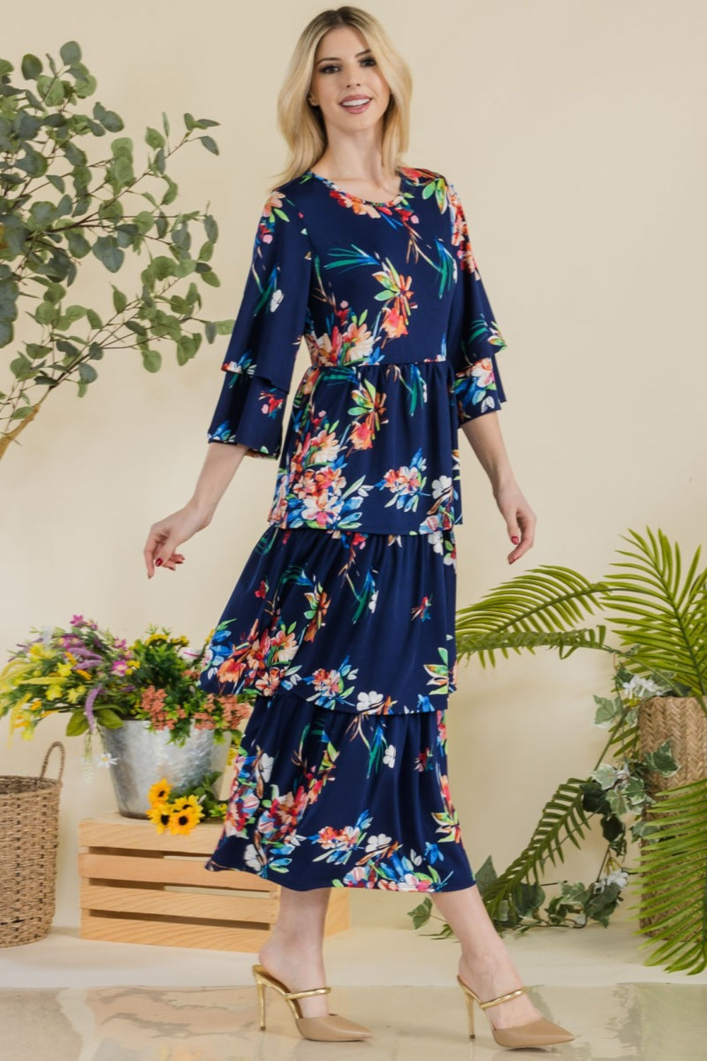 Celeste Full Size Floral Ruffle Tiered Midi Dress