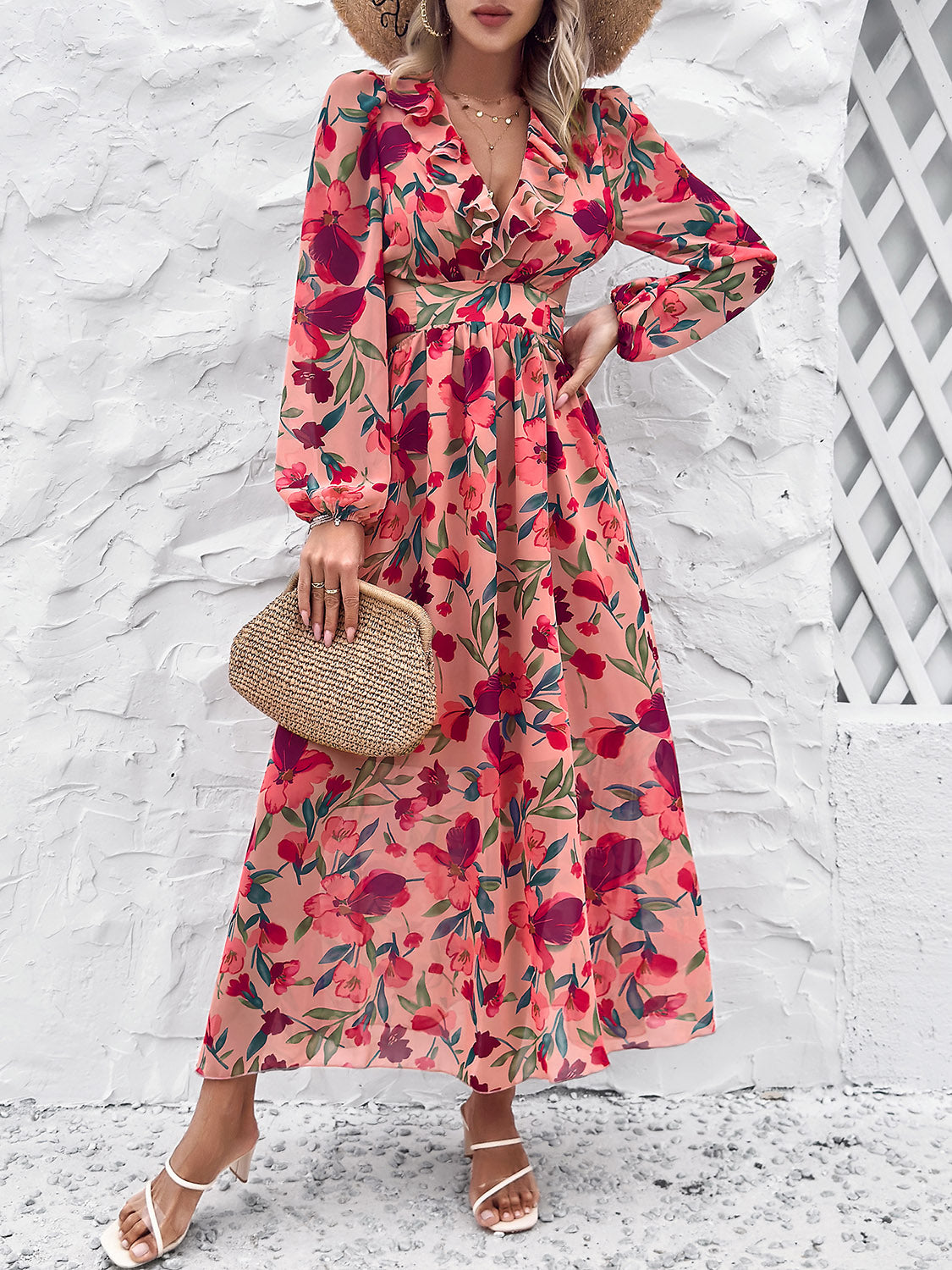 Cutout Printed V-Neck Balloon Sleeve Dress