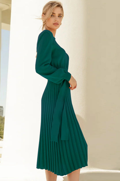 Round Neck Long Sleeve Pleated Sweater Dress - Shopiebay